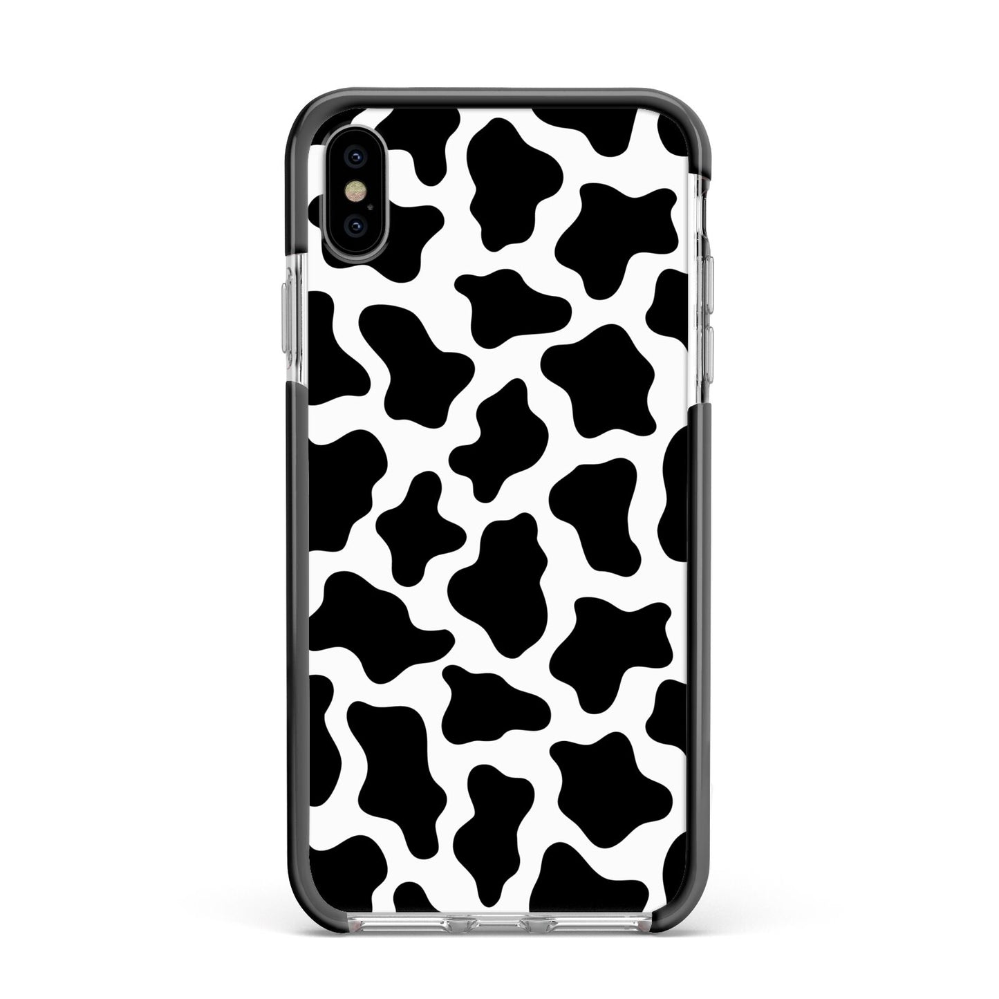 Cow Print Apple iPhone Xs Max Impact Case Black Edge on Silver Phone