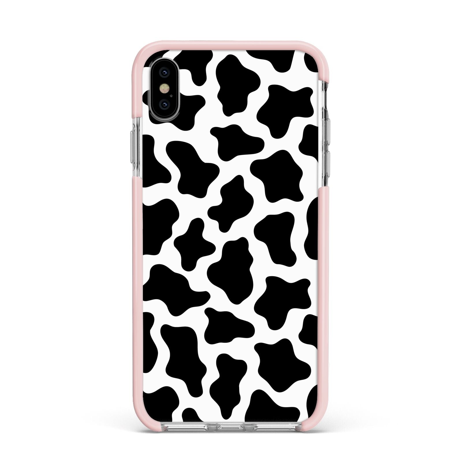 Cow Print Apple iPhone Xs Max Impact Case Pink Edge on Silver Phone