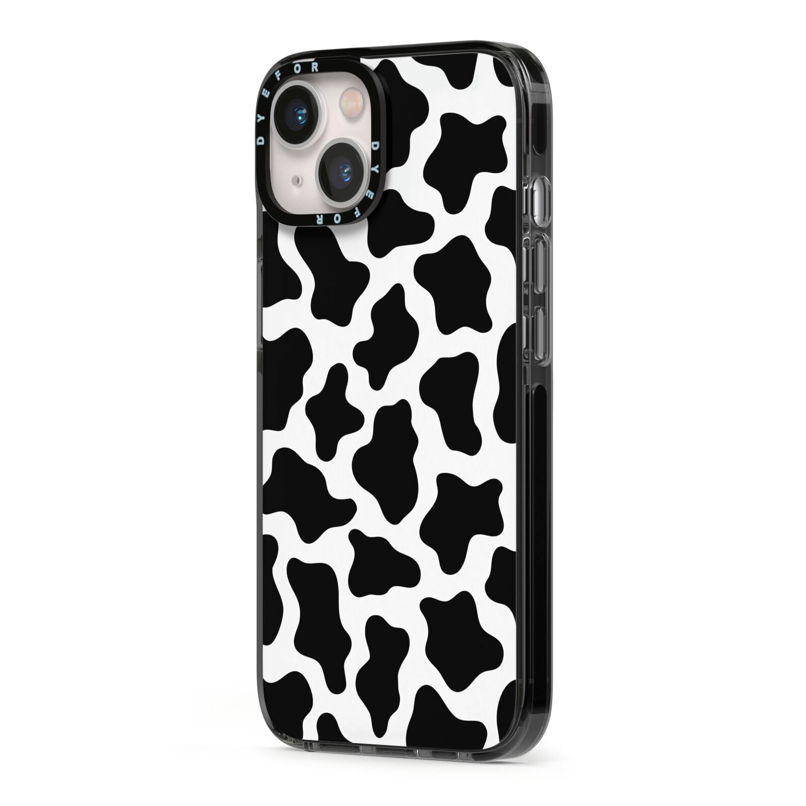 Cow Print iPhone 13 Black Impact Case Side Angle on Silver phone