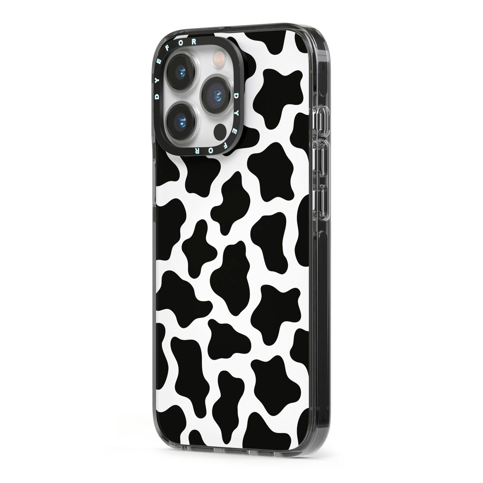 Cow Print iPhone 13 Pro Black Impact Case Side Angle on Silver phone