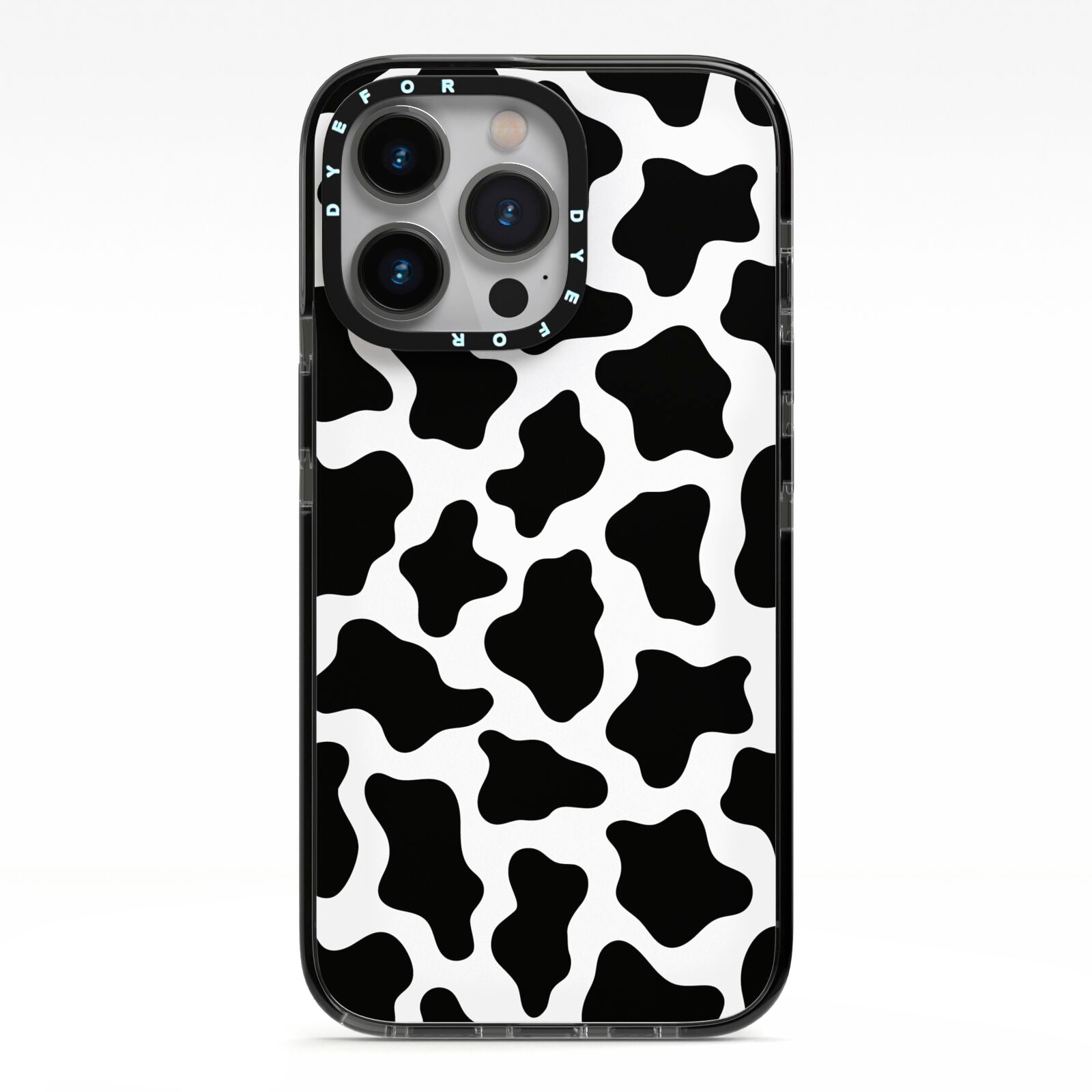 Cow Print iPhone 13 Pro Black Impact Case on Silver phone