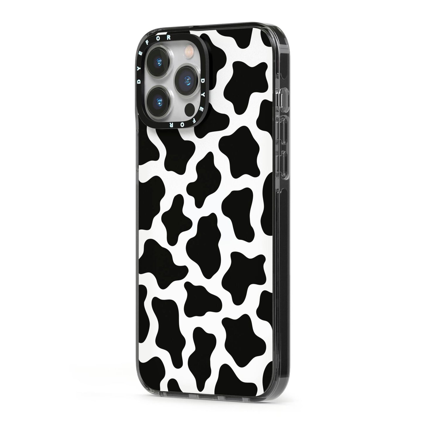 Cow Print iPhone 13 Pro Max Black Impact Case Side Angle on Silver phone