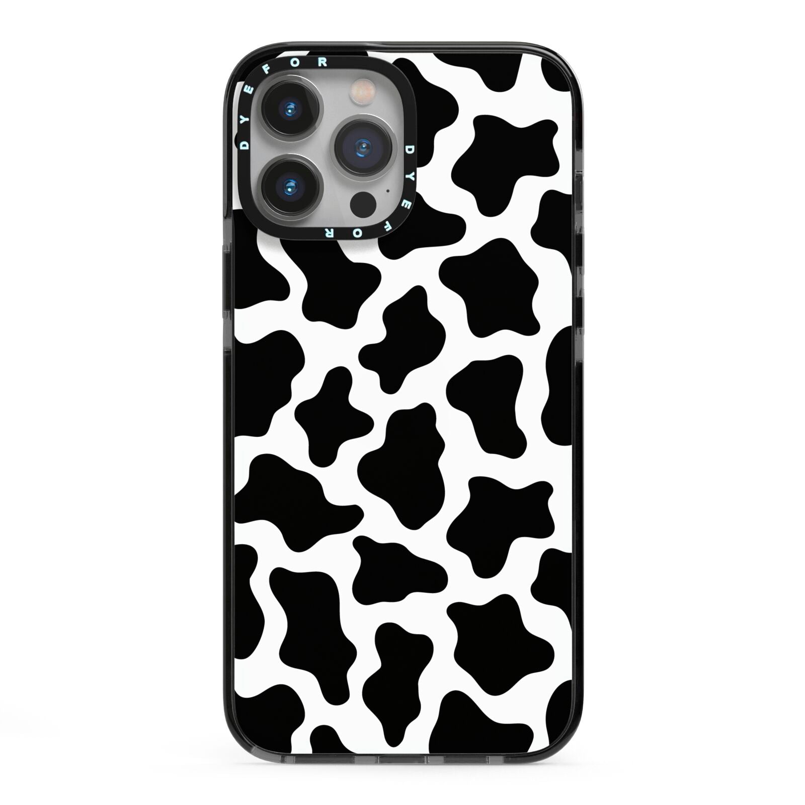 Cow Print iPhone 13 Pro Max Black Impact Case on Silver phone