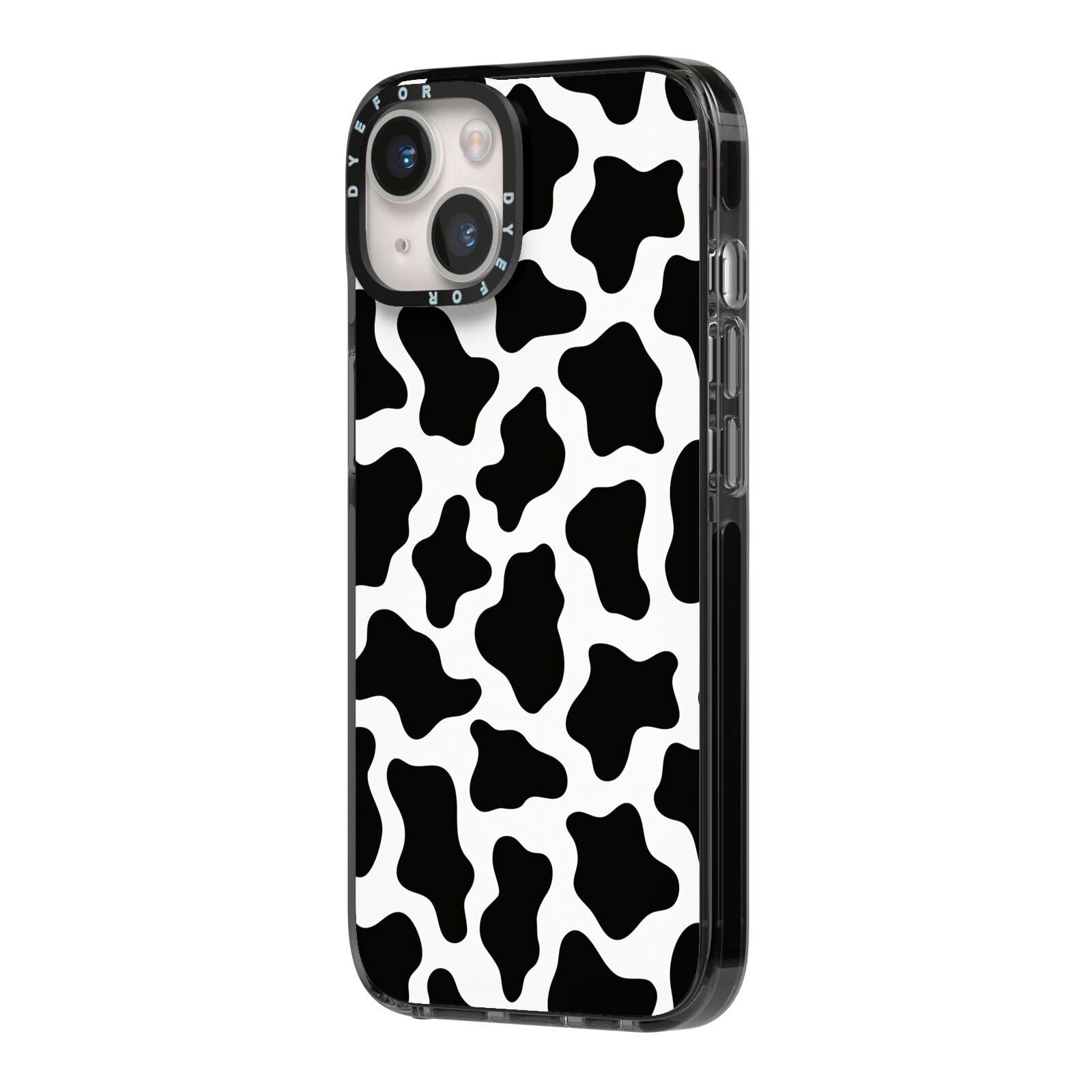 Cow Print iPhone 14 Black Impact Case Side Angle on Silver phone