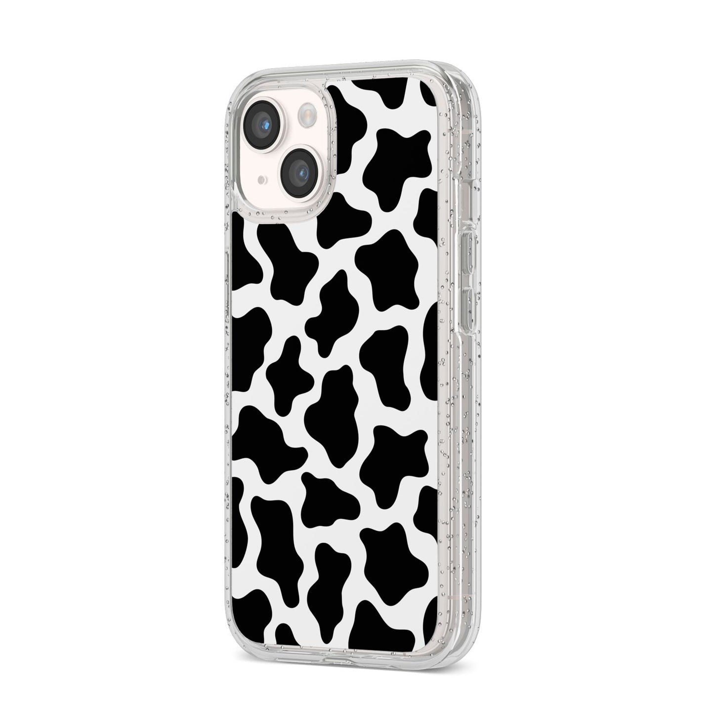 Cow Print iPhone 14 Glitter Tough Case Starlight Angled Image