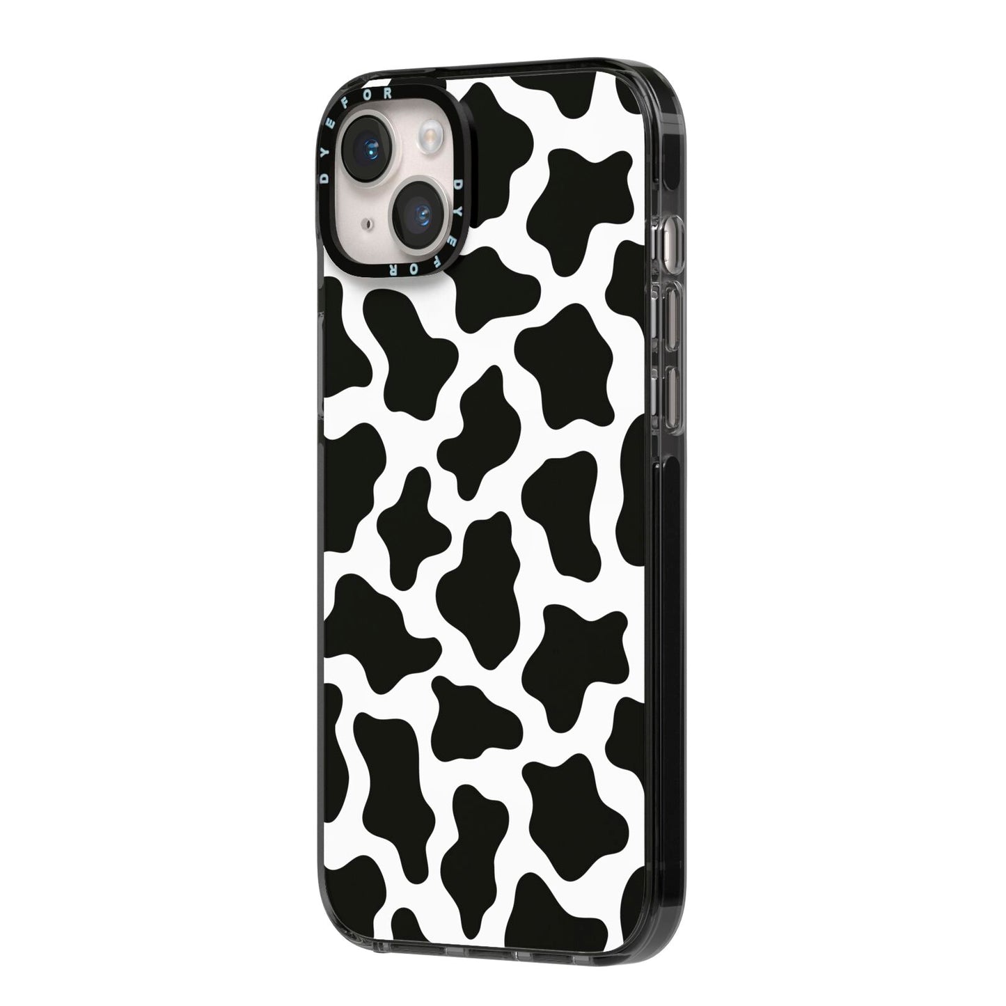 Cow Print iPhone 14 Plus Black Impact Case Side Angle on Silver phone