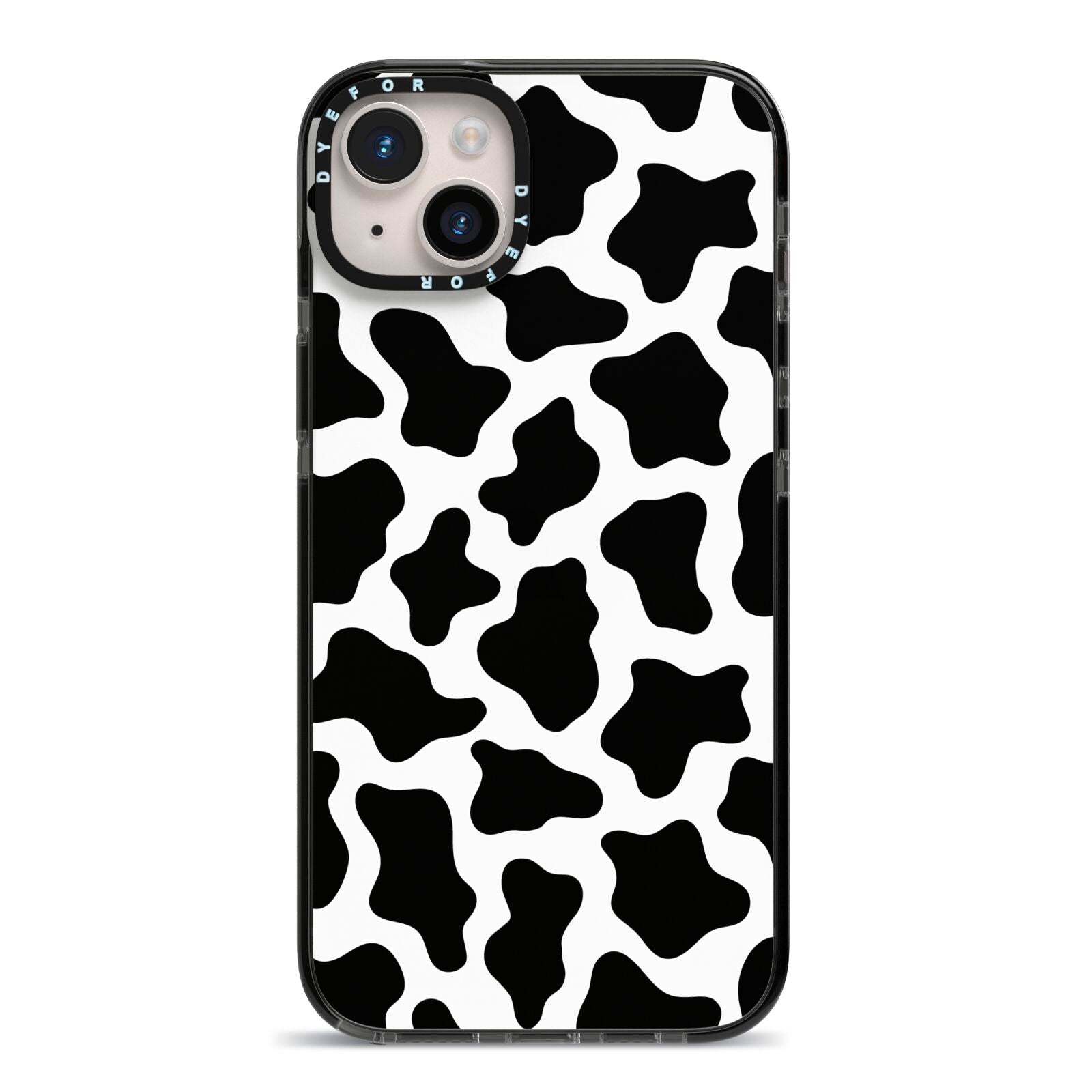 Cow Print iPhone 14 Plus Black Impact Case on Silver phone