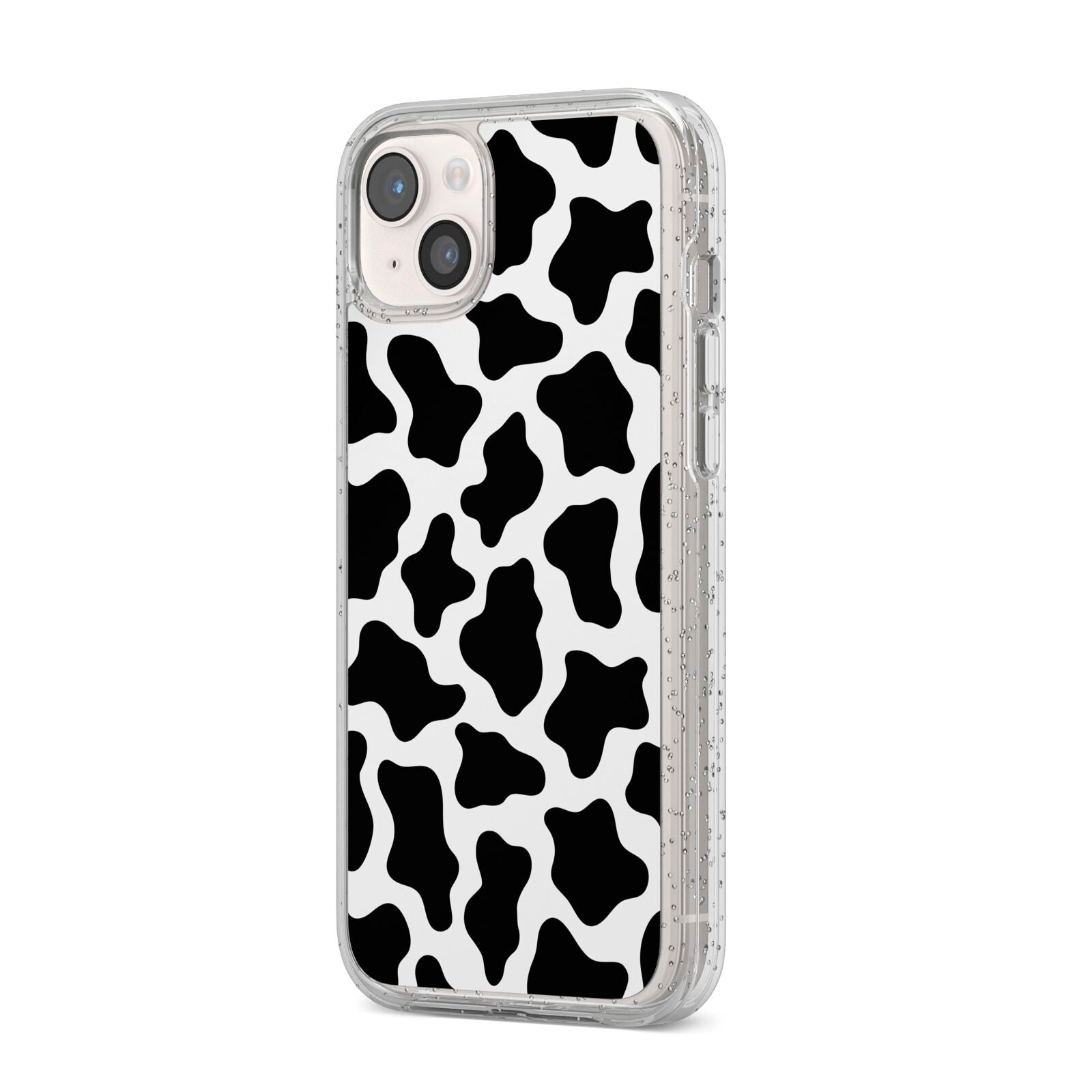 Cow Print iPhone 14 Plus Glitter Tough Case Starlight Angled Image
