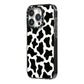 Cow Print iPhone 14 Pro Black Impact Case Side Angle on Silver phone