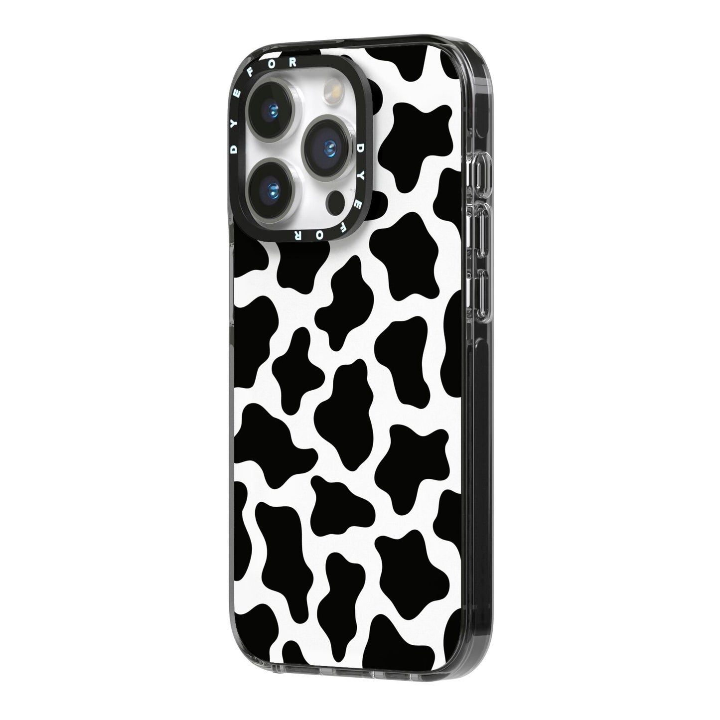 Cow Print iPhone 14 Pro Black Impact Case Side Angle on Silver phone