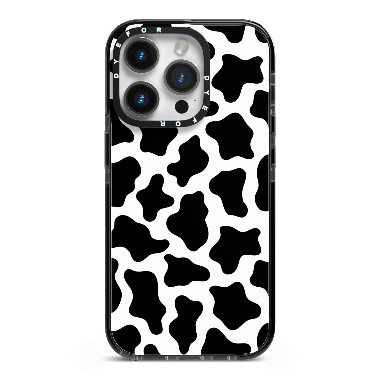 Cow Print iPhone 14 Pro Black Impact Case on Silver phone