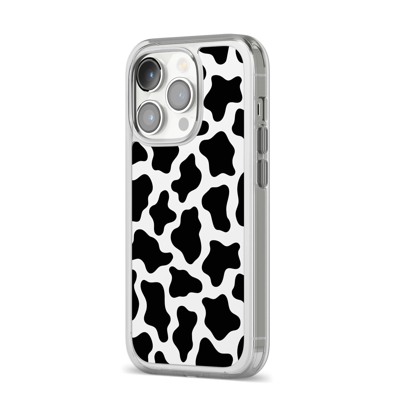Cow Print iPhone 14 Pro Clear Tough Case Silver Angled Image