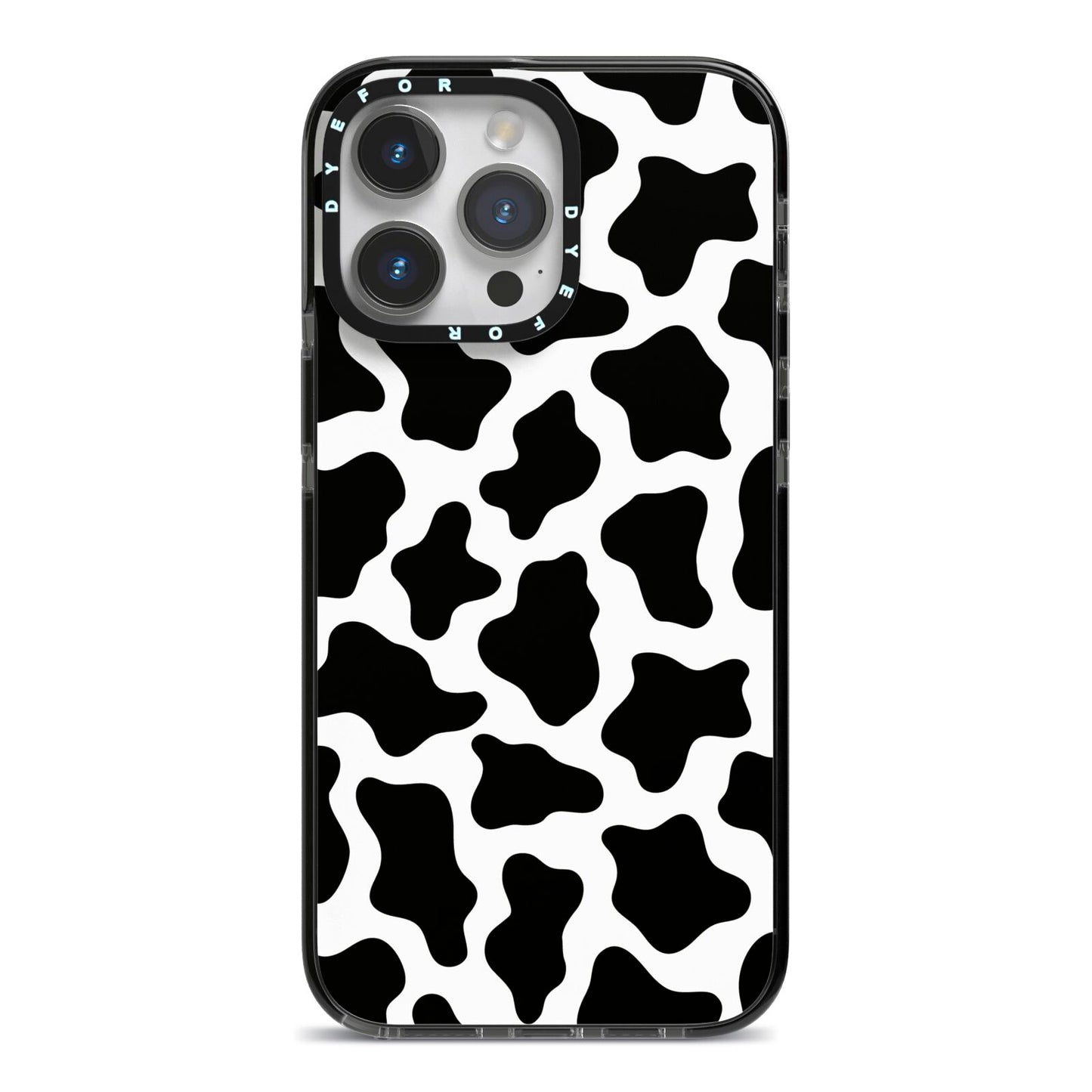 Cow Print iPhone 14 Pro Max Black Impact Case on Silver phone