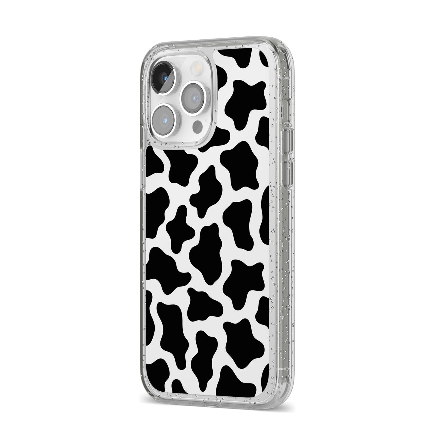 Cow Print iPhone 14 Pro Max Glitter Tough Case Silver Angled Image