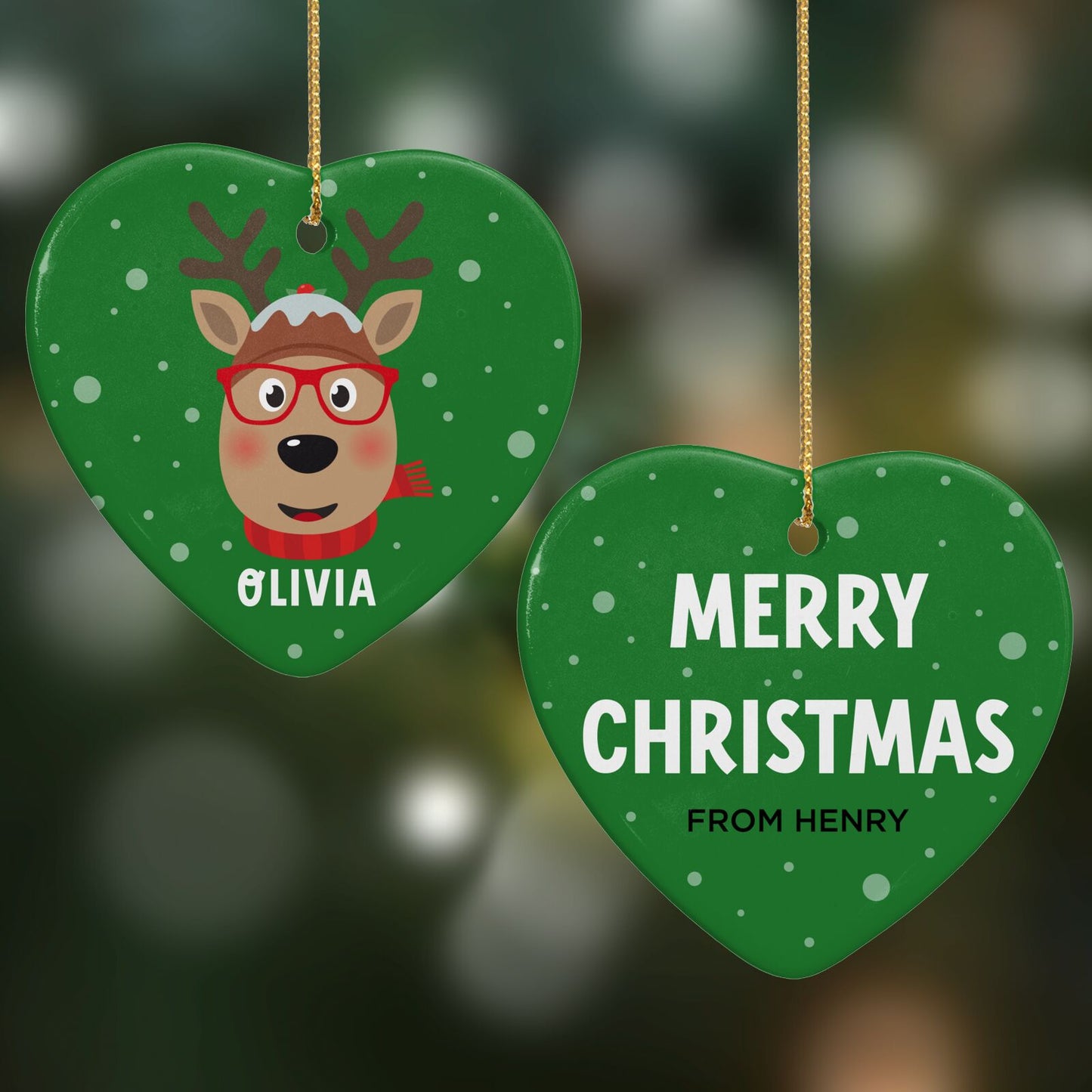 Create Your Own Reindeer Personalised Heart Decoration on Christmas Background