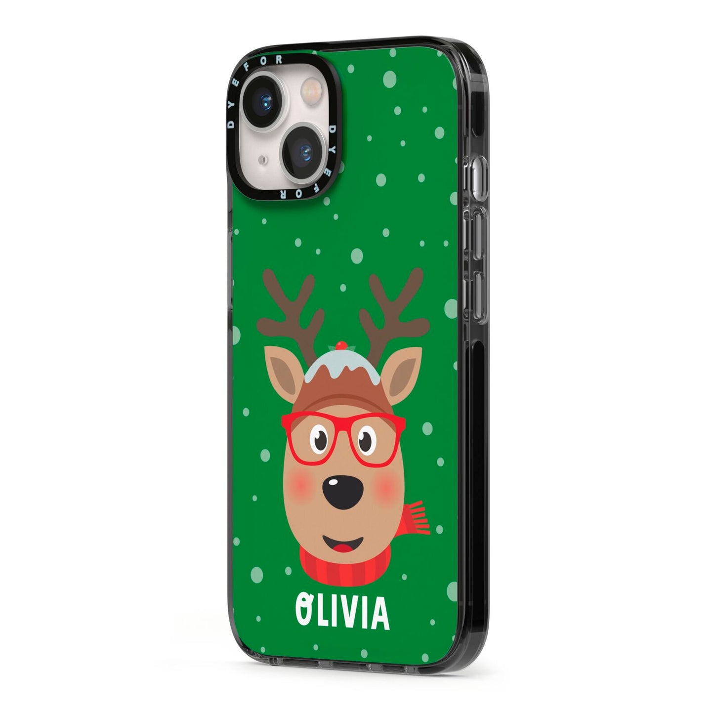 Create Your Own Reindeer Personalised iPhone 13 Black Impact Case Side Angle on Silver phone
