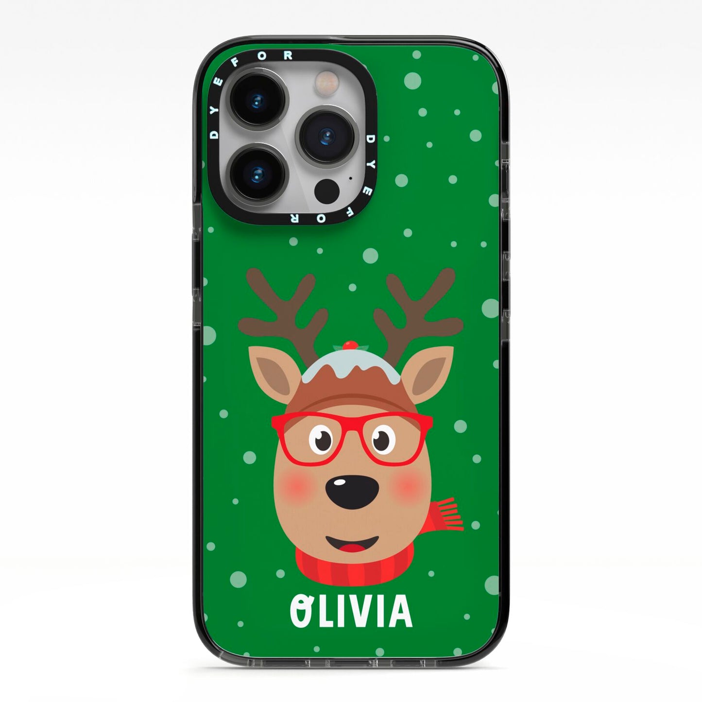 Create Your Own Reindeer Personalised iPhone 13 Pro Black Impact Case on Silver phone