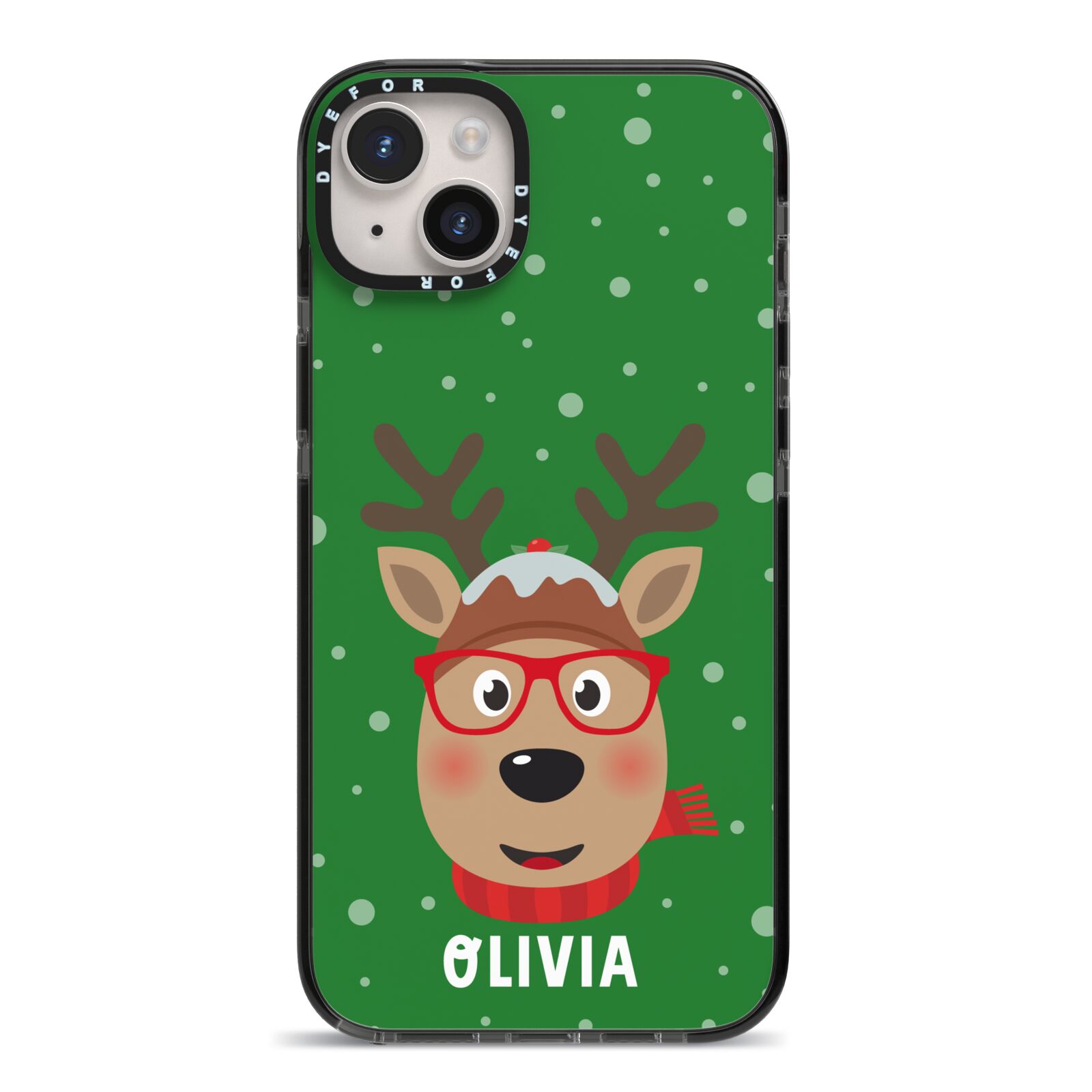Create Your Own Reindeer Personalised iPhone 14 Plus Black Impact Case on Silver phone