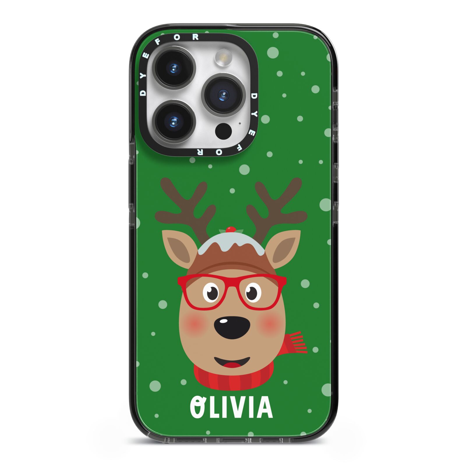 Create Your Own Reindeer Personalised iPhone 14 Pro Black Impact Case on Silver phone