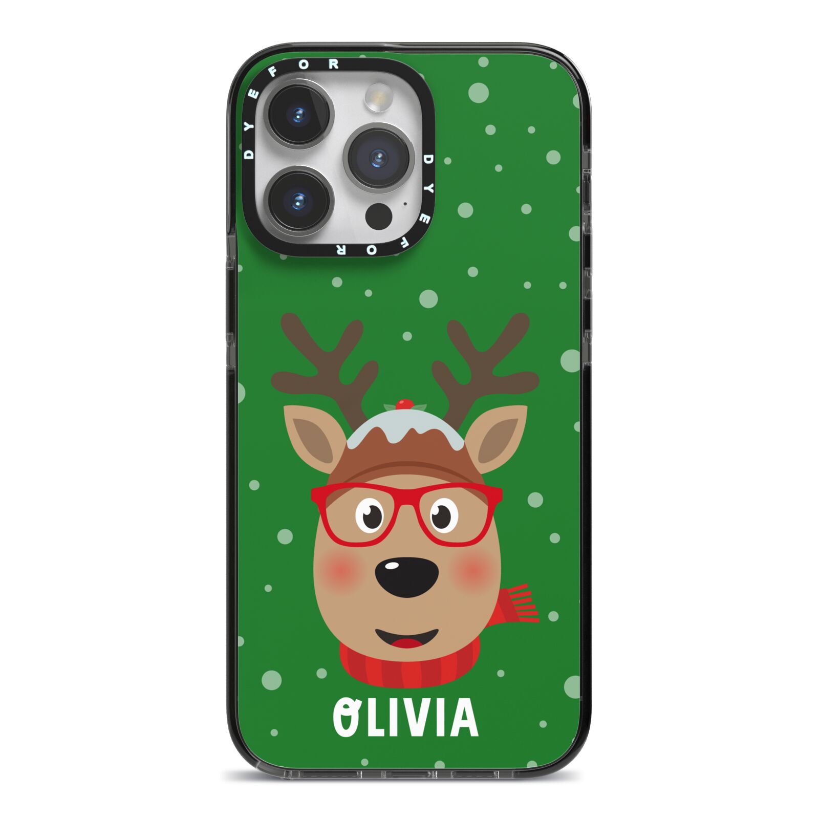 Create Your Own Reindeer Personalised iPhone 14 Pro Max Black Impact Case on Silver phone