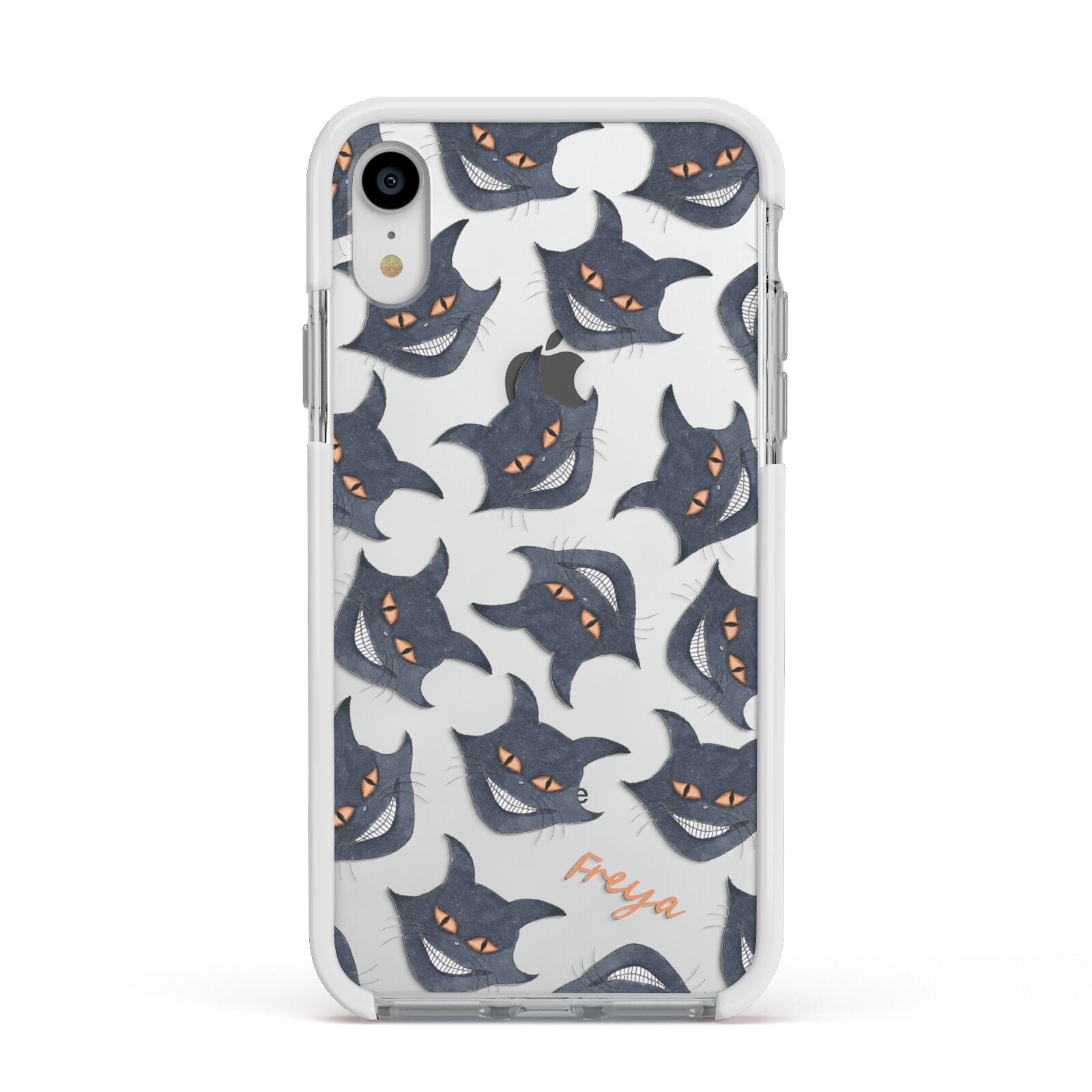 Creepy Cat Halloween Personalised Apple iPhone XR Impact Case White Edge on Silver Phone