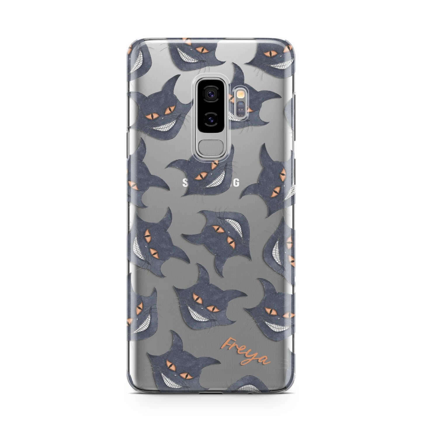 Creepy Cat Halloween Personalised Samsung Galaxy S9 Plus Case on Silver phone