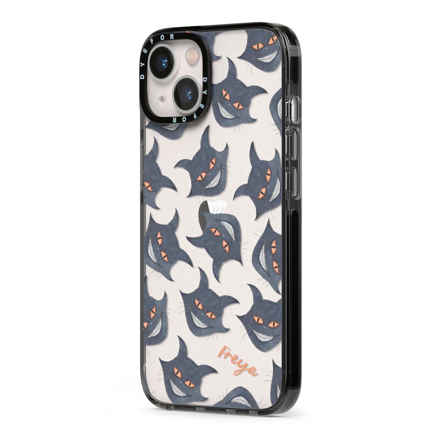 Creepy Cat Halloween Personalised iPhone 13 Black Impact Case Side Angle on Silver phone