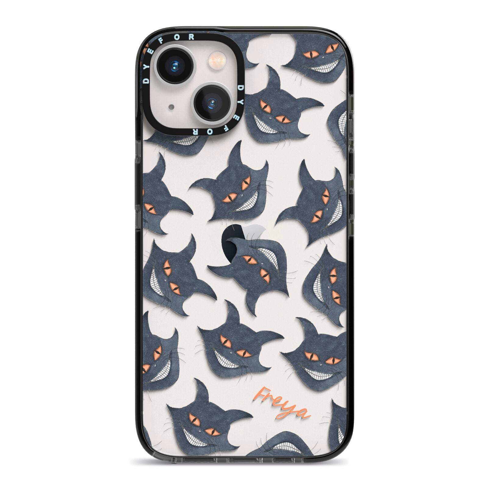 Creepy Cat Halloween Personalised iPhone 13 Black Impact Case on Silver phone