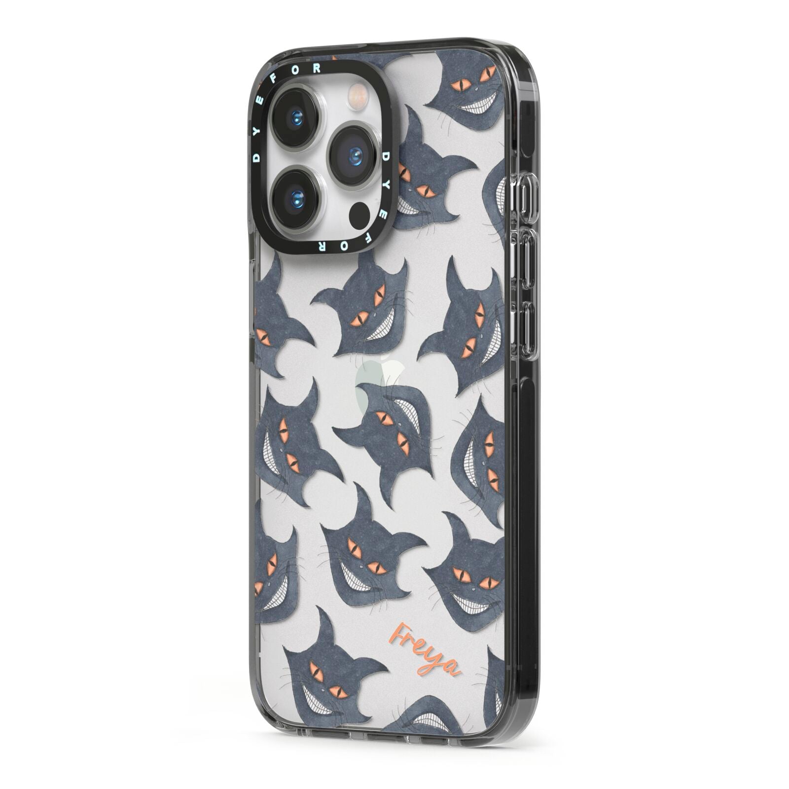 Creepy Cat Halloween Personalised iPhone 13 Pro Black Impact Case Side Angle on Silver phone