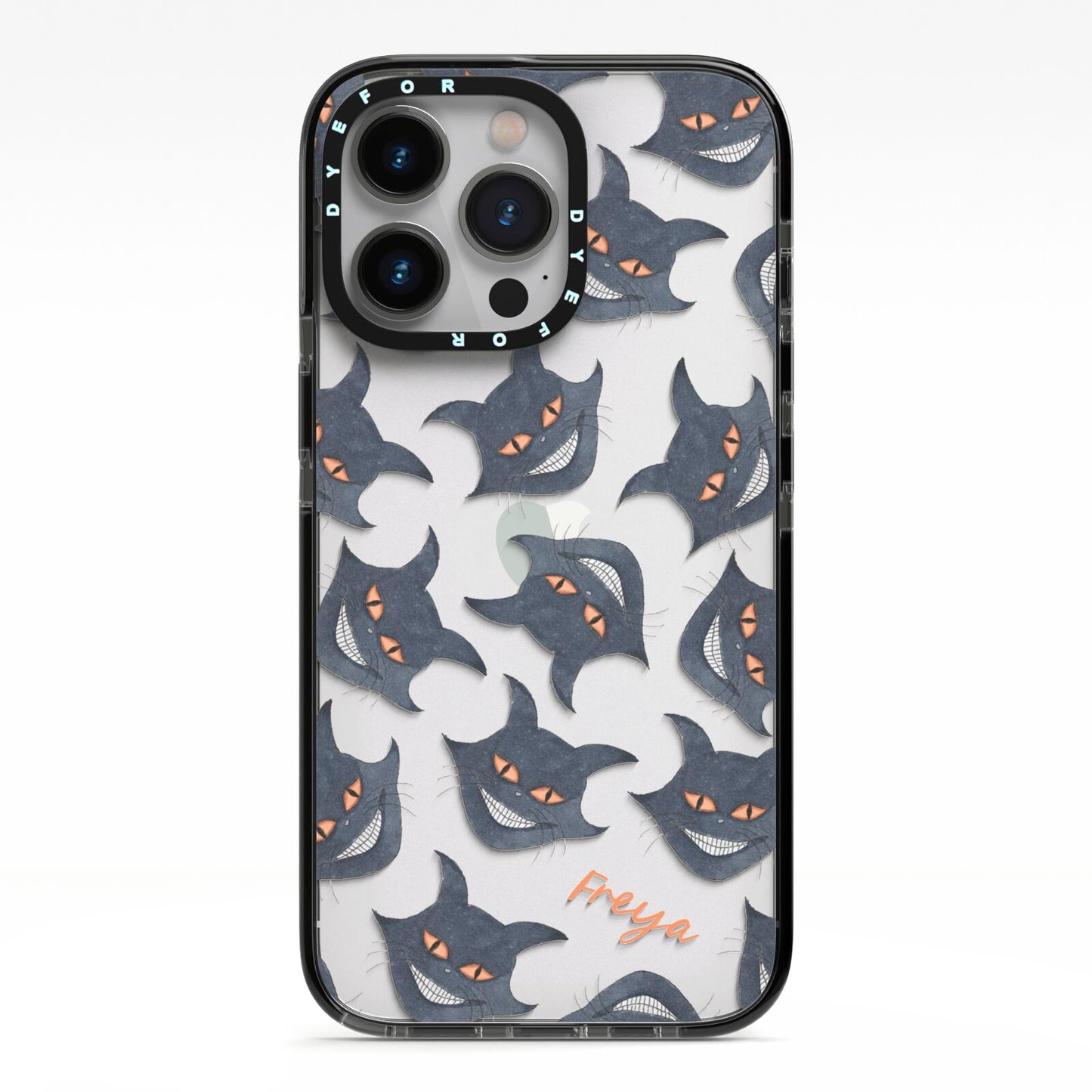 Creepy Cat Halloween Personalised iPhone 13 Pro Black Impact Case on Silver phone