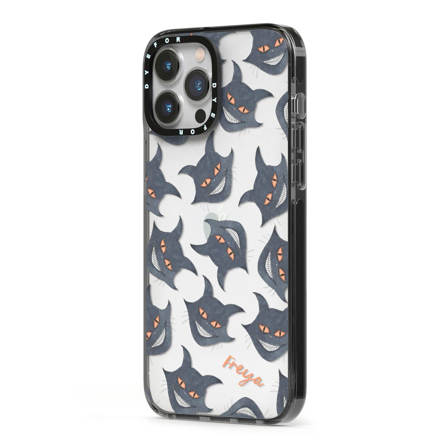 Creepy Cat Halloween Personalised iPhone 13 Pro Max Black Impact Case Side Angle on Silver phone