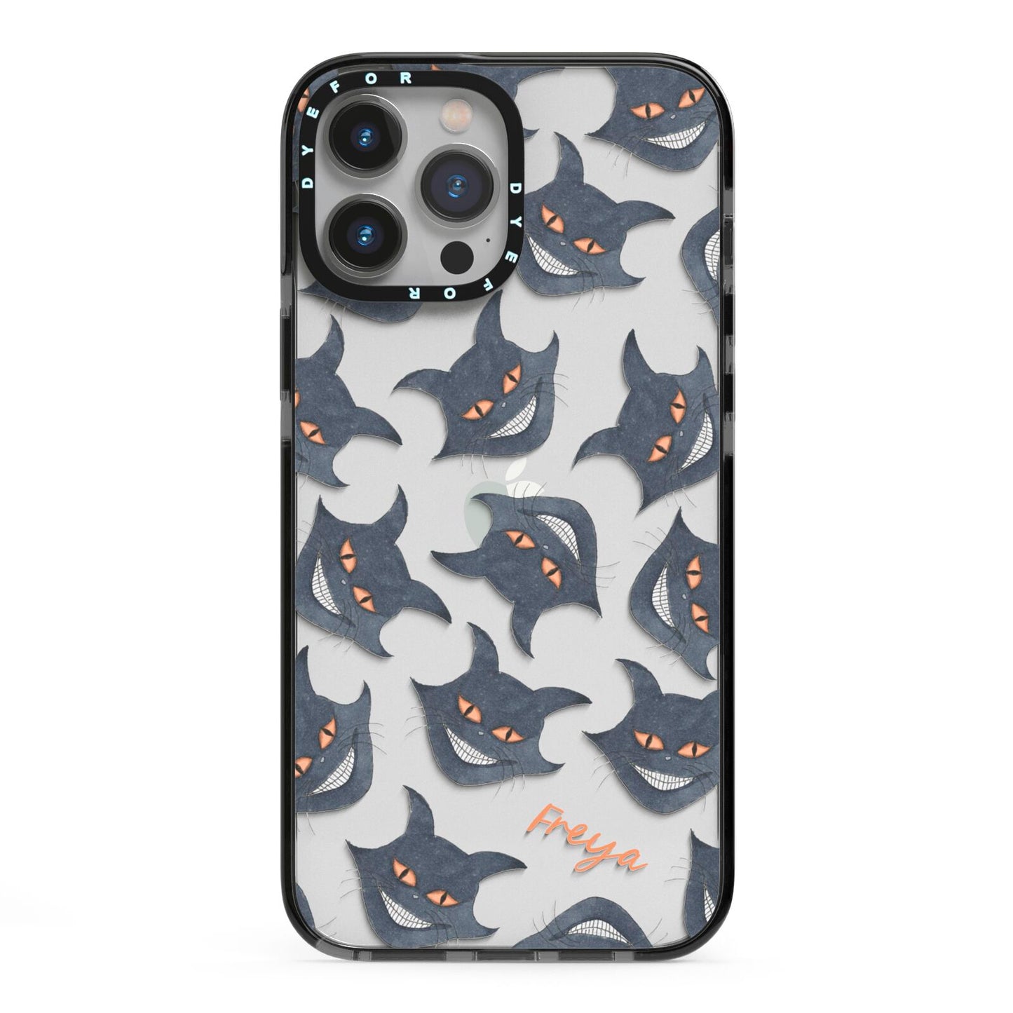 Creepy Cat Halloween Personalised iPhone 13 Pro Max Black Impact Case on Silver phone