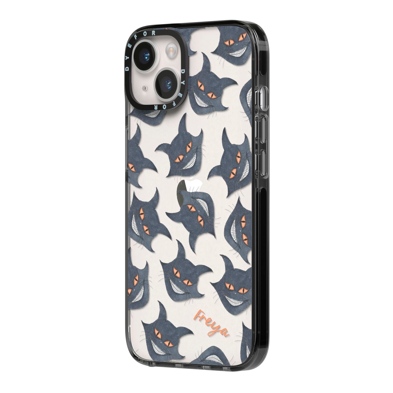 Creepy Cat Halloween Personalised iPhone 14 Black Impact Case Side Angle on Silver phone