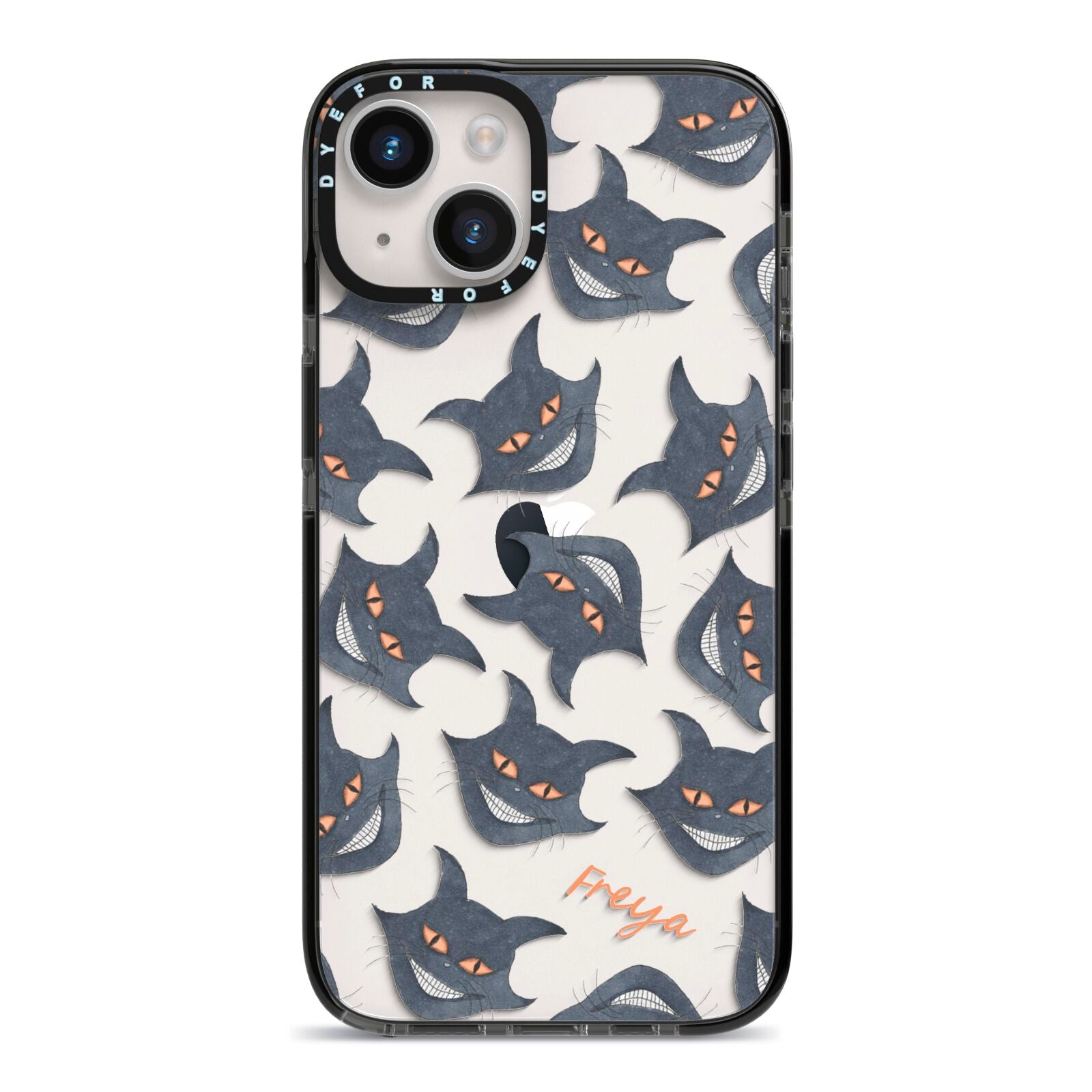 Creepy Cat Halloween Personalised iPhone 14 Black Impact Case on Silver phone