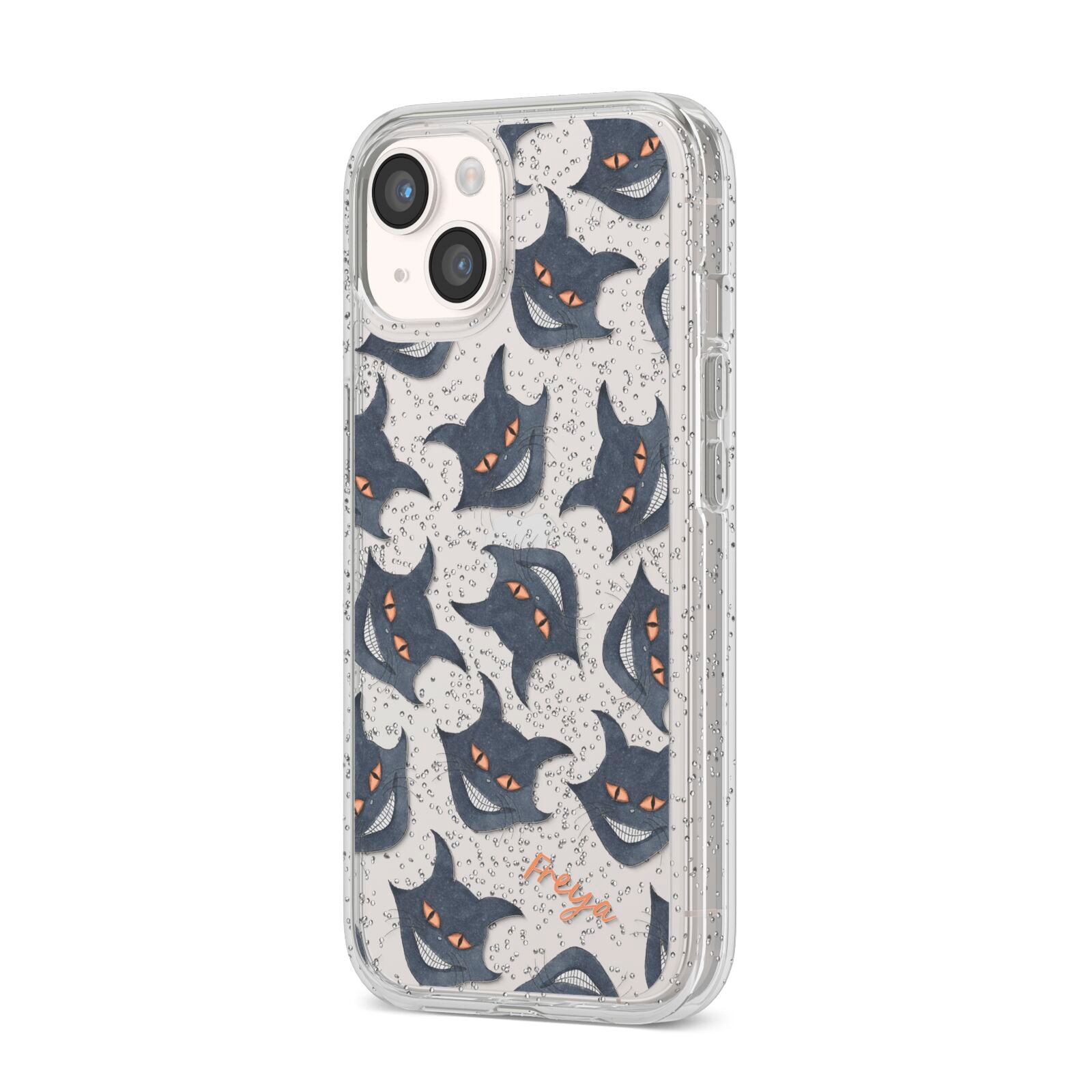Creepy Cat Halloween Personalised iPhone 14 Glitter Tough Case Starlight Angled Image