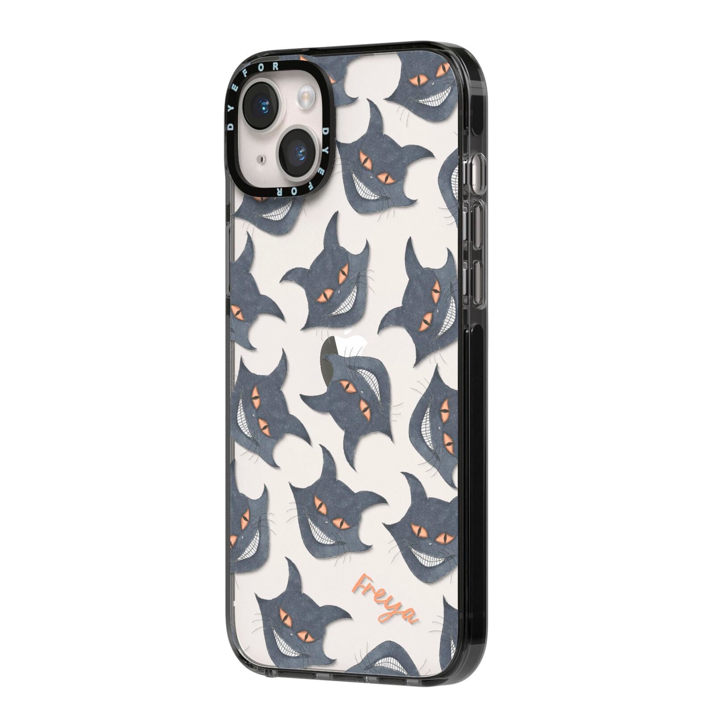 Creepy Cat Halloween Personalised iPhone 14 Plus Black Impact Case Side Angle on Silver phone