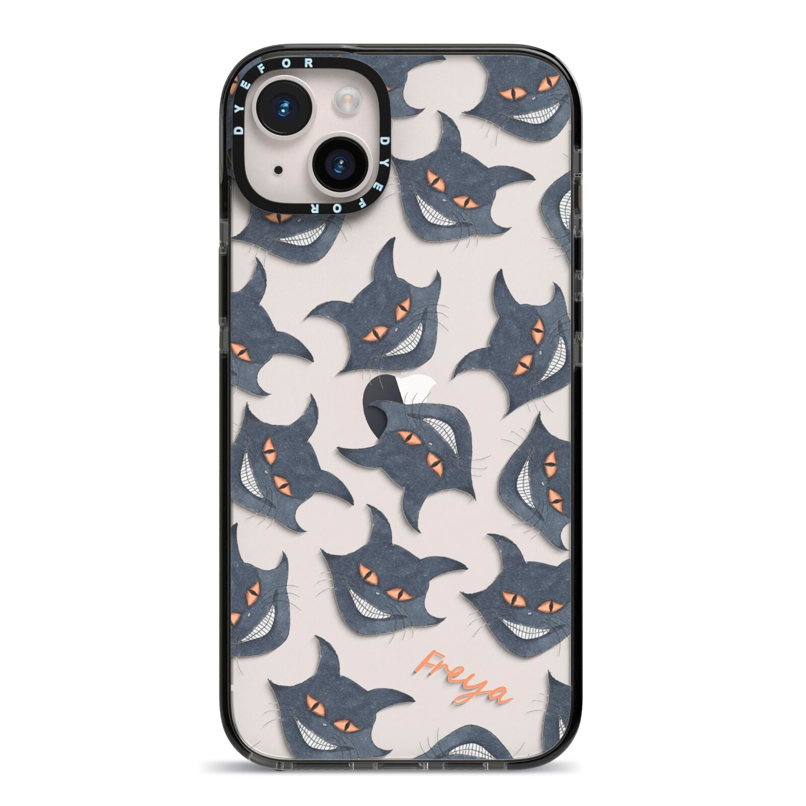 Creepy Cat Halloween Personalised iPhone 14 Plus Black Impact Case on Silver phone