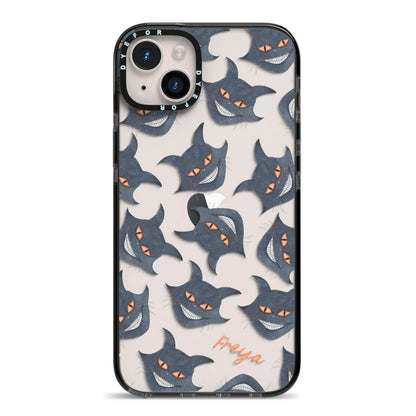 Creepy Cat Halloween Personalised iPhone 14 Plus Black Impact Case on Silver phone