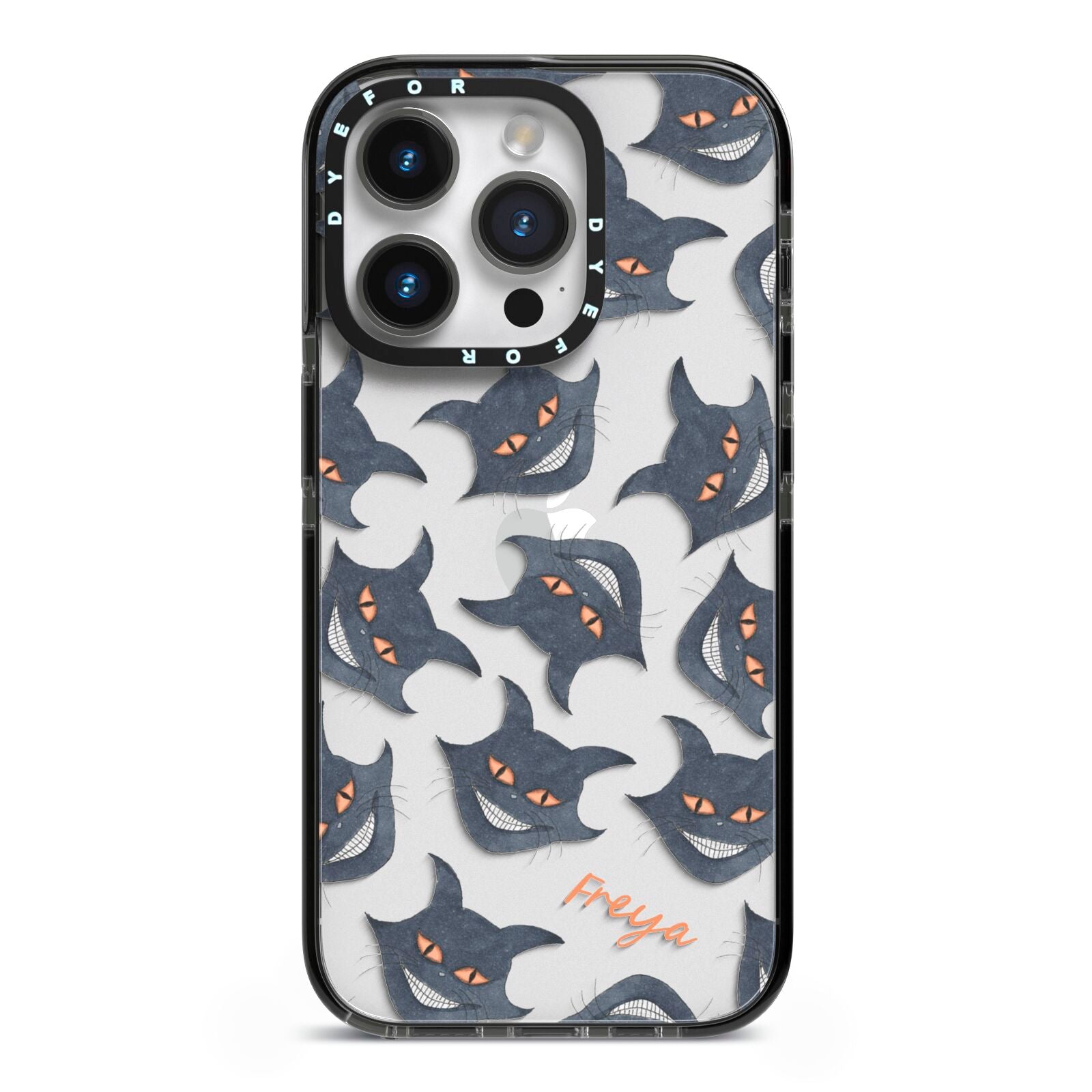 Creepy Cat Halloween Personalised iPhone 14 Pro Black Impact Case on Silver phone