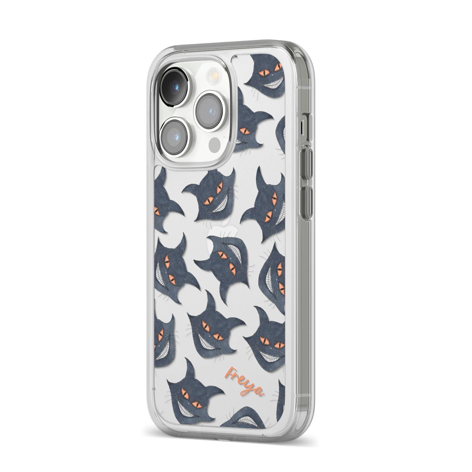 Creepy Cat Halloween Personalised iPhone 14 Pro Clear Tough Case Silver Angled Image