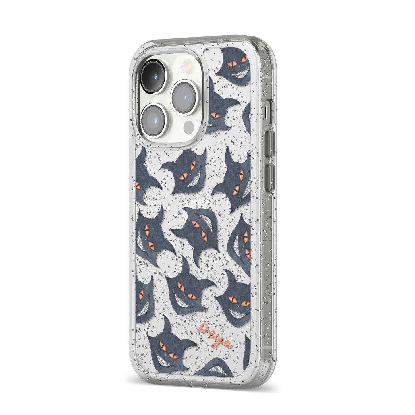 Creepy Cat Halloween Personalised iPhone 14 Pro Glitter Tough Case Silver Angled Image