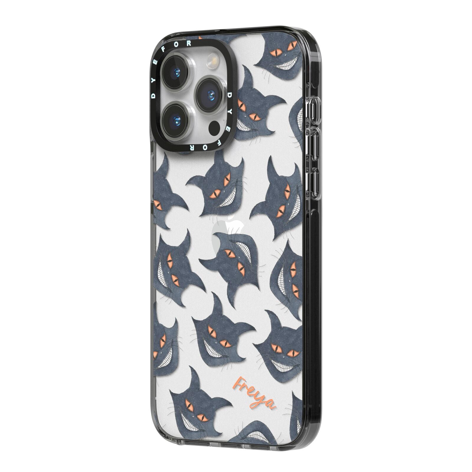 Creepy Cat Halloween Personalised iPhone 14 Pro Max Black Impact Case Side Angle on Silver phone