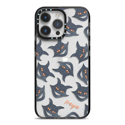 Creepy Cat Halloween Personalised iPhone 14 Pro Max Black Impact Case on Silver phone