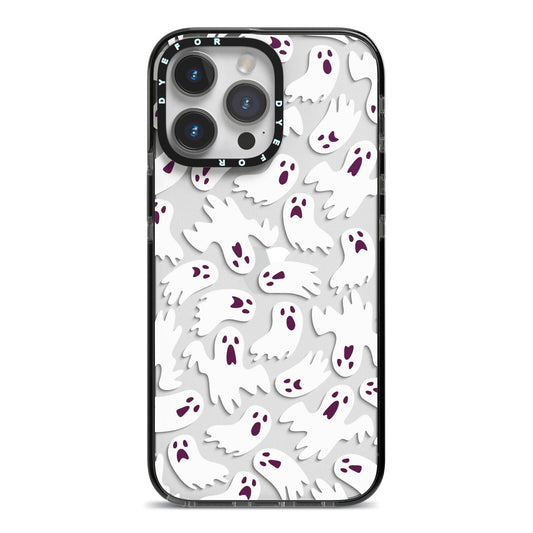 Crowd of Ghosts with Transparent Background iPhone 14 Pro Max Black Impact Case on Silver phone