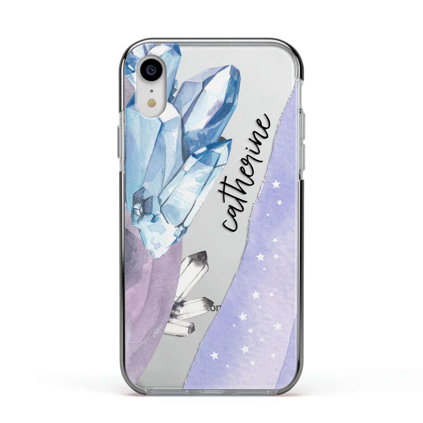 Crystals Personalised Name Apple iPhone XR Impact Case Black Edge on Silver Phone