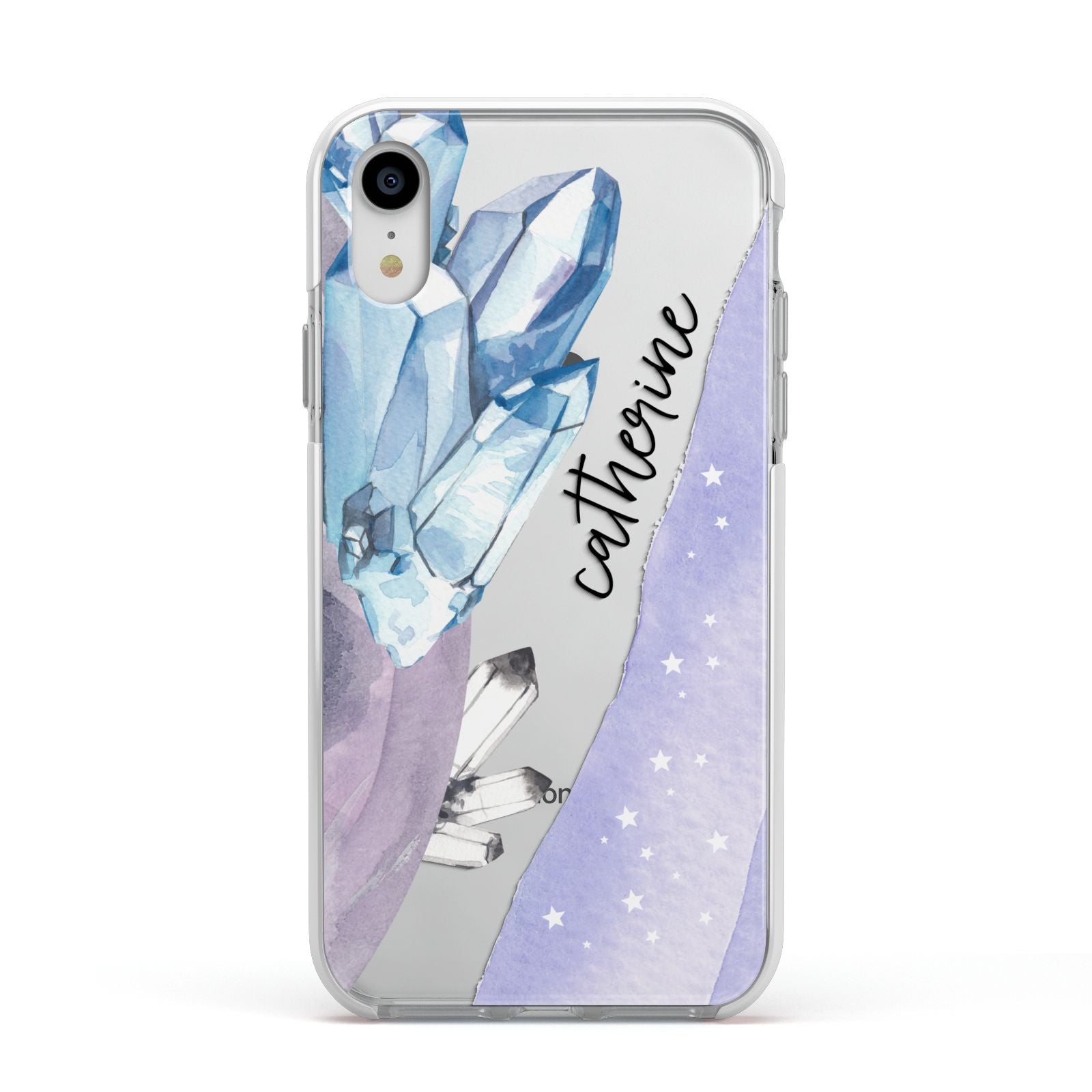 Crystals Personalised Name Apple iPhone XR Impact Case White Edge on Silver Phone