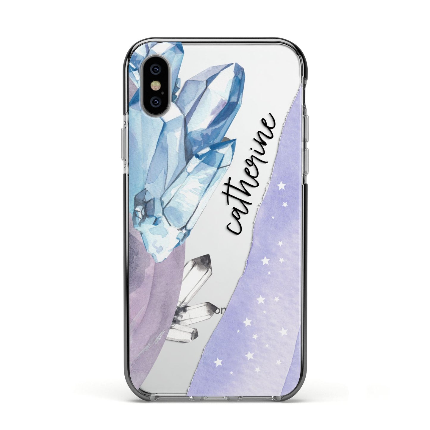 Crystals Personalised Name Apple iPhone Xs Impact Case Black Edge on Silver Phone