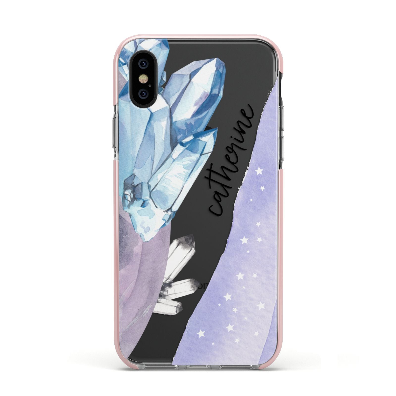 Crystals Personalised Name Apple iPhone Xs Impact Case Pink Edge on Black Phone