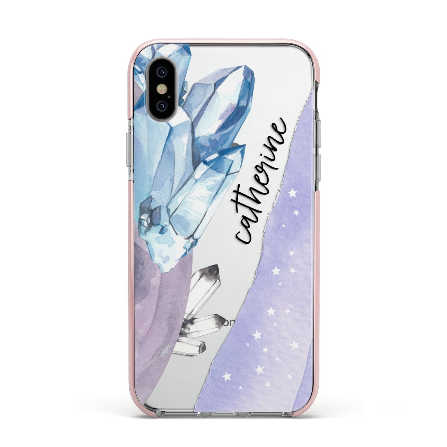 Crystals Personalised Name Apple iPhone Xs Impact Case Pink Edge on Silver Phone