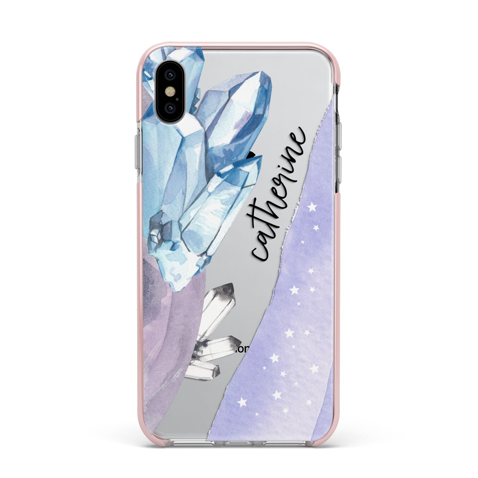 Crystals Personalised Name Apple iPhone Xs Max Impact Case Pink Edge on Silver Phone